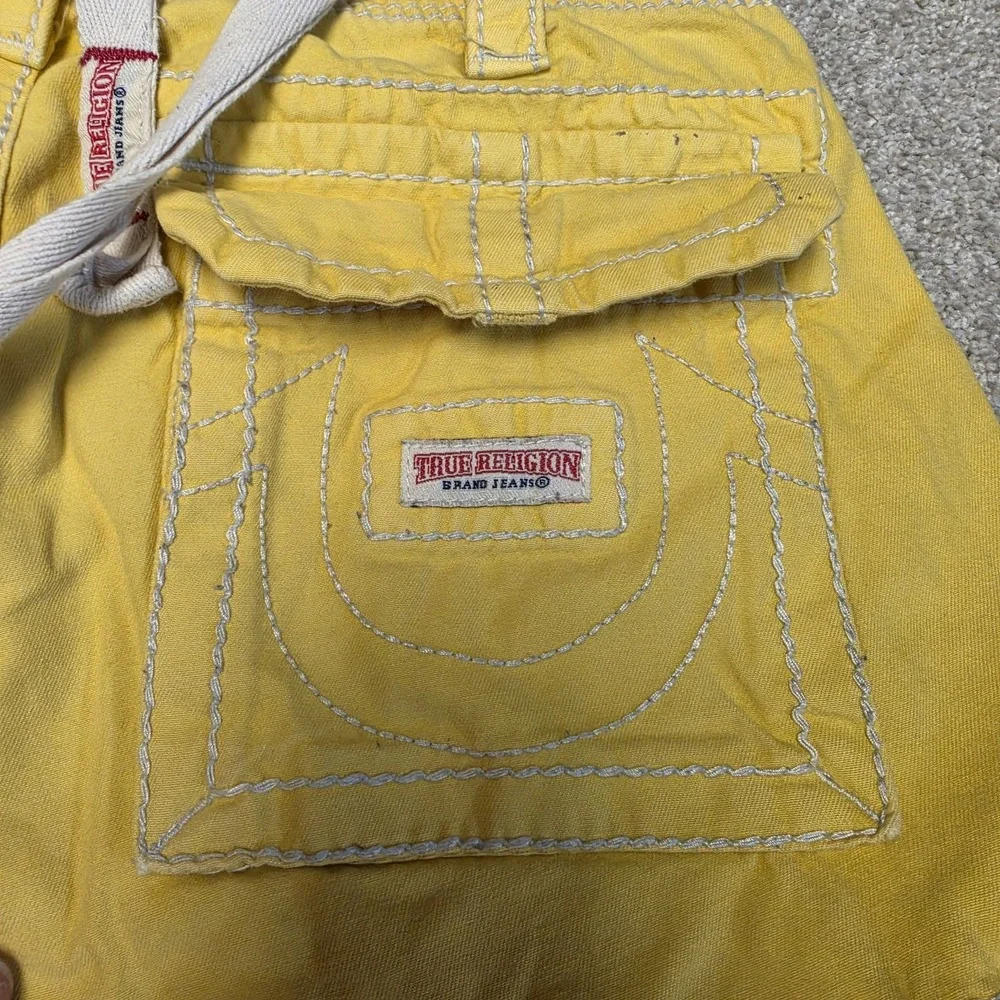 True‎ Religion Cargo Jean Shorts Y2K Yellow Jorts Streetwear Hip Hop Embroidered